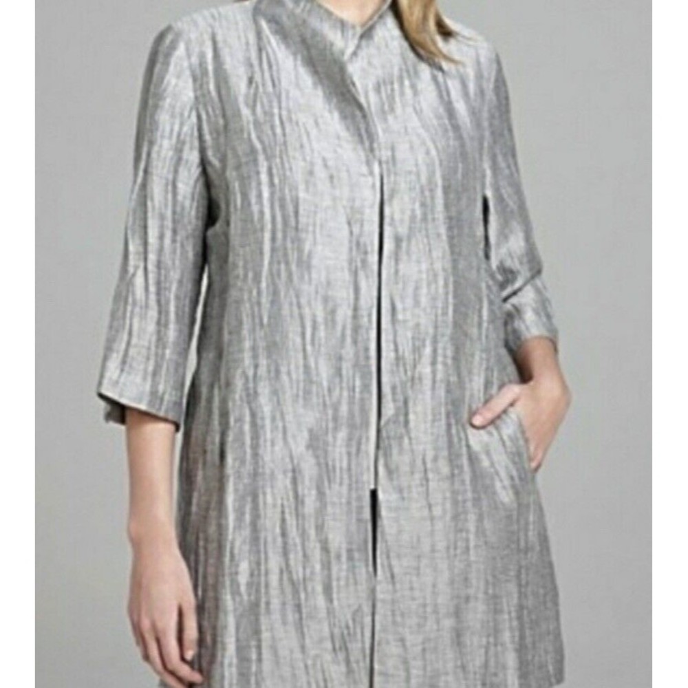 Eileen Fisher Silver Crinkle Texture Open Linen Jacket size XL